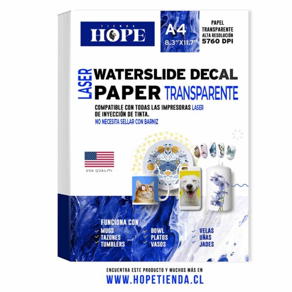 Papel Waterslide decal 5 hojas transparente A4 LASER