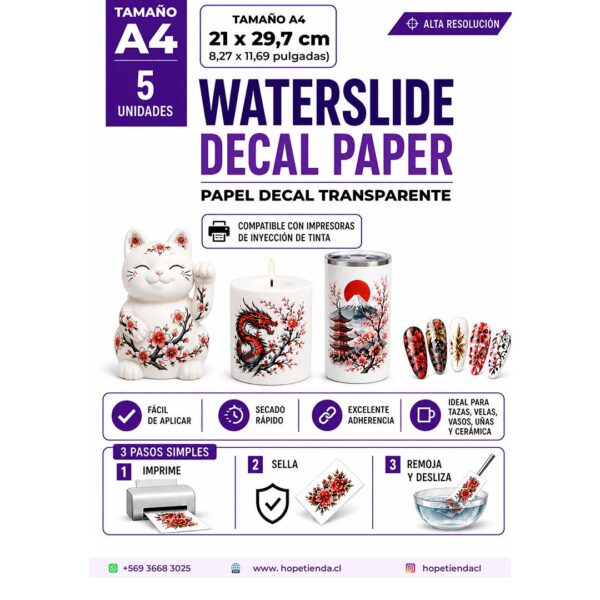 Papel transparente decal waterslide 5 hojas