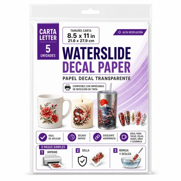 Papel transparente decal waterslide 5 hojas