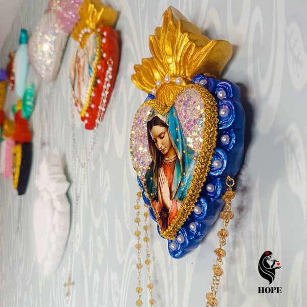 Corazón Azul con Dorado - Virgen de Guadalupe con Rosario
