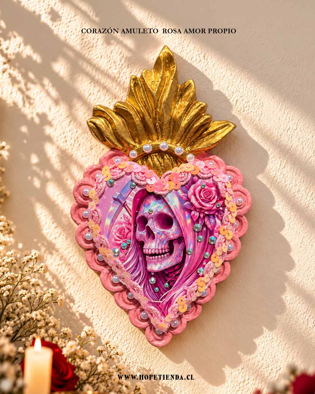 Corazón Sagrado de la Santa Muerte Rosa – Amor Propio, Dulzura y Sanación