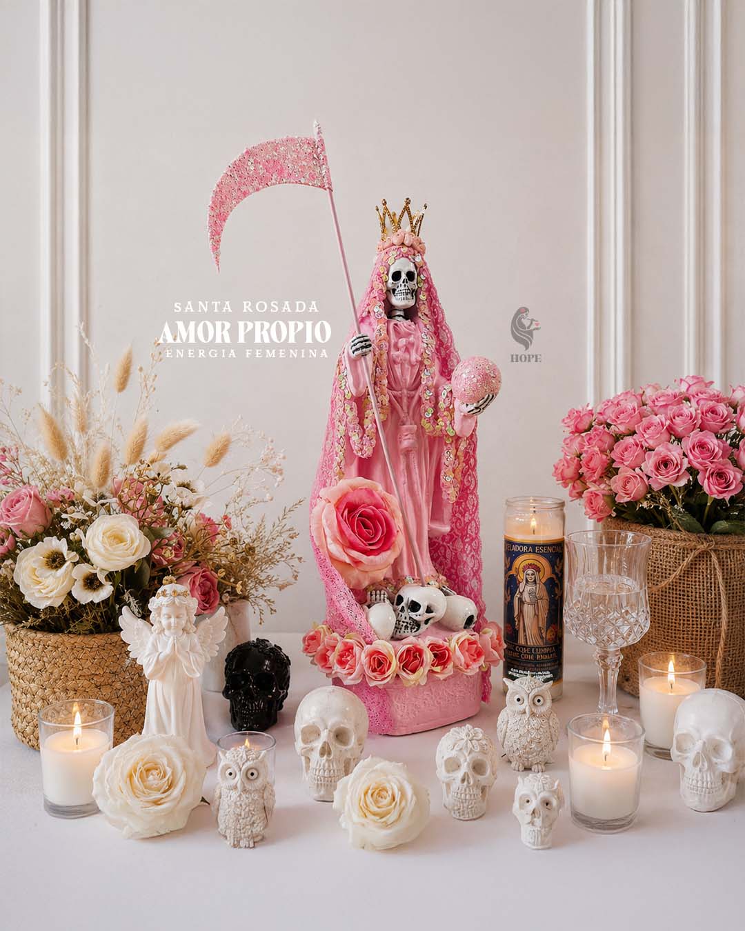 Santa Muerte Rosada: amor, sanación y energía femenina para tu altar 46cm