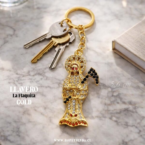 Llavero amuleto Santa Muerte Dorado Brillante