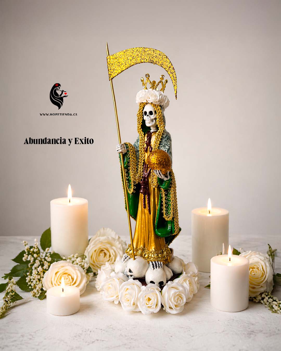 Santa Muerte Premium Dorada y Dolares - Abundancia, Exito, Estabilidad en 30cm