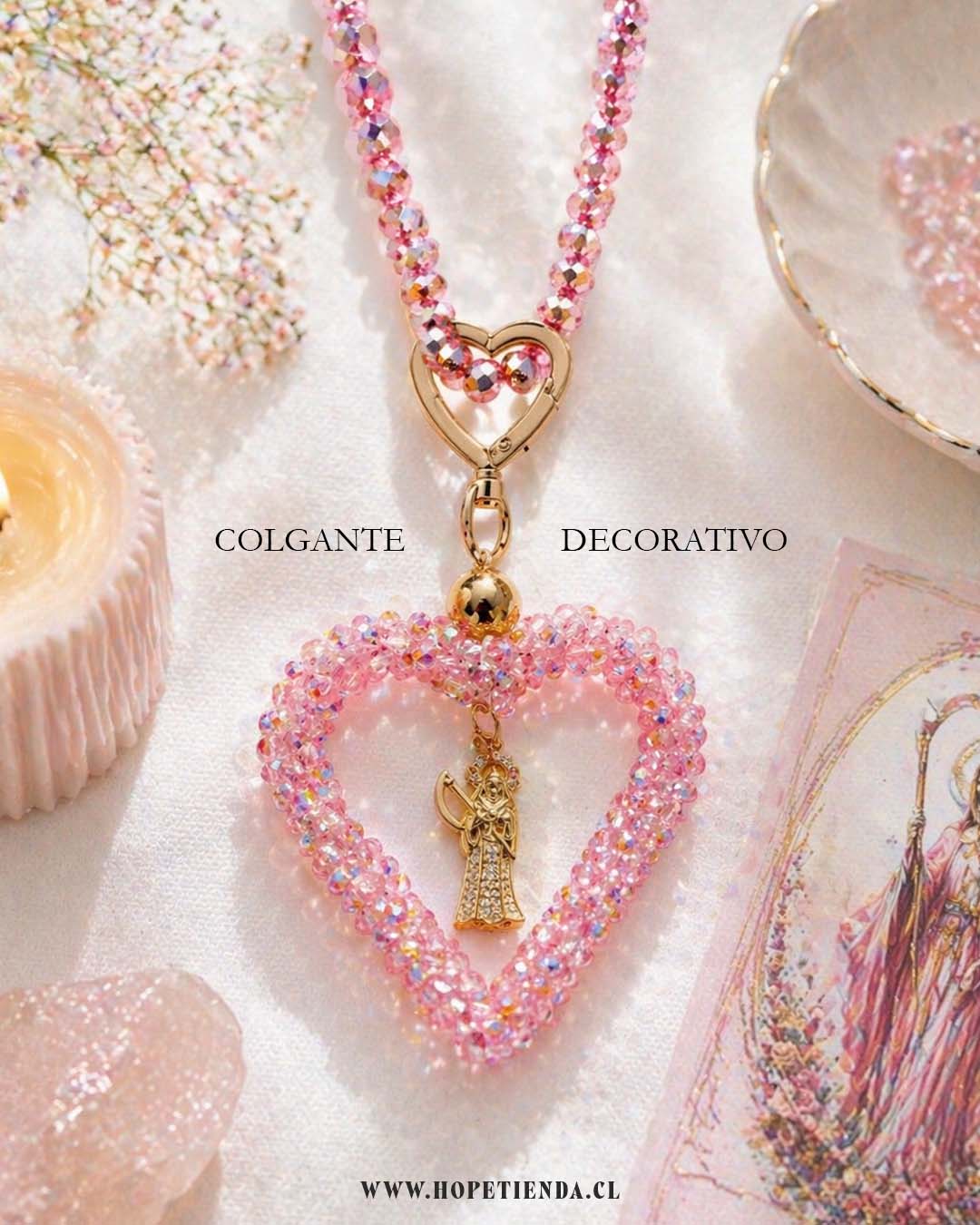 Colgante amuleto corazon rosa con dije espiritual - Imagen 2