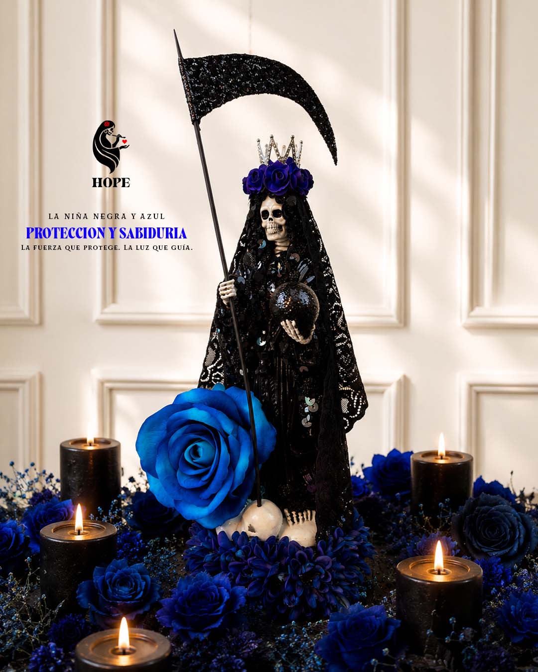 Santa Muerte Negra y Azul Protección y Sabiduría - Imagen 2