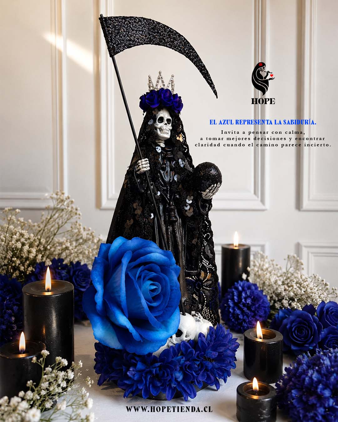 Santa Muerte Negra y Azul Protección y Sabiduría